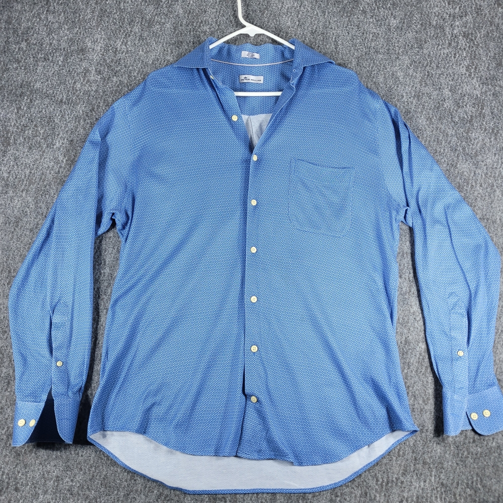 Peter Millar Button Up Shirt Long Sleeve Blue Schwinn Dot Print Mens M